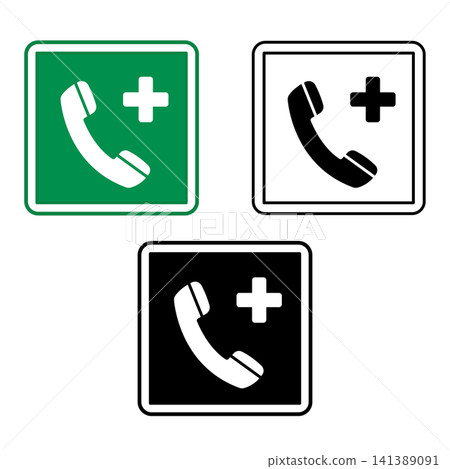 Signs Emergency Telephone. Green Square Road Sign. Black and White Vector Icons 141389091