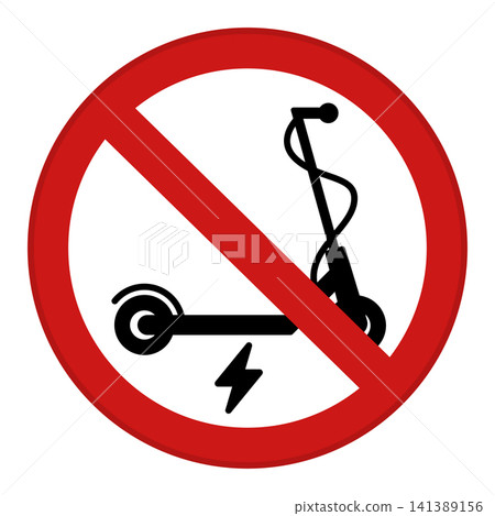Red Electric Scooter Forbidden Sign. Round Prohibitory Road Sign. Vector Icons Red Electric Scooter Forbidden Sign. Round Prohibitory Road Sign. Vector Icons 141389156