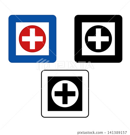 Signs First Aid Station. Blue Square Road Signs. Shows the Driver the Location of the Institution Where to Receive First Aid. Black and White Vector Icons Signs First Aid Station. Blue Square Road Signs. Shows the Driver the Location of the Institution Where to Receive First Aid. Black and White Vector Icons 141389157