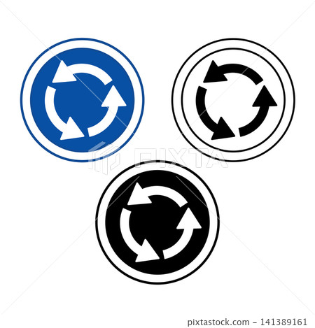 Signs Roundabout Ahead. Blue Round Road Signs. Roundabout Traffic Turn Left. Black and White Vector Icons Signs Roundabout Ahead. Blue Round Road Signs. Roundabout Traffic Turn Left. Black and White Vector Icons 141389161