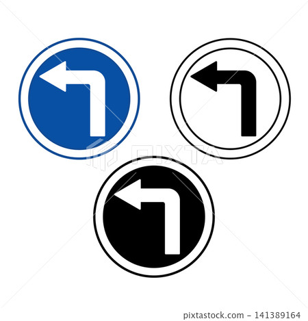 Turn Left Ahead Signs. Blue Round Road Signs. Black and White Vector Icons Turn Left Ahead Signs. Blue Round Road Signs. Black and White Vector Icons 141389164