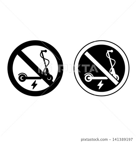 Electric Scooter Forbidden Signs. Round Prohibitory Road Sign. Black and White Vector Icons Electric Scooter Forbidden Signs. Round Prohibitory Road Sign. Black and White Vector Icons 141389197