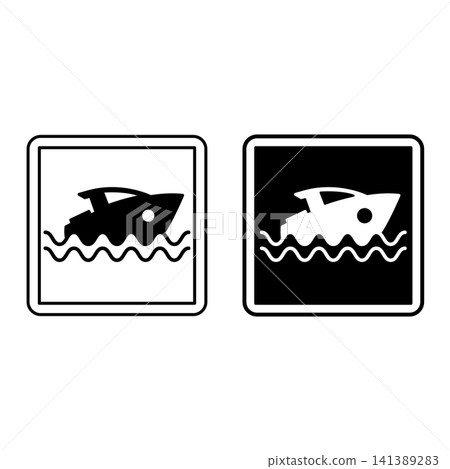 Signs Pier. Square Road Signs. Boat Sailing on the Sea. Black and White Vector Icons Signs Pier. Square Road Signs. Boat Sailing on the Sea. Black and White Vector Icons 141389283
