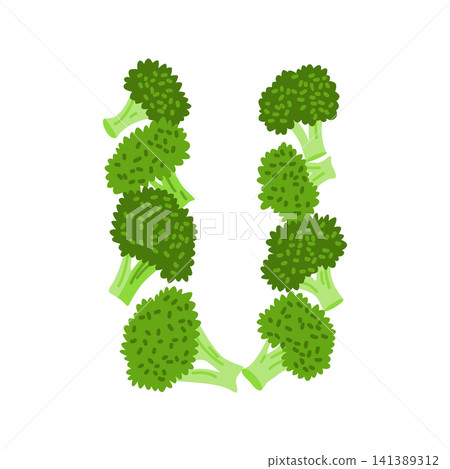 Letter U formed from broccoli florets in colorful flat illustration on white background for education, healthy food themes, playful design, with broccoli, letter, alphabet, uppercase detail Letter U formed from broccoli florets in colorful flat illustration on white background for education, healthy food themes, playful design, with broccoli, letter, alphabet, uppercase detail 141389312