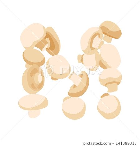 Letter M formed from sliced white mushrooms in flat colorful vector illustration with playful organic arrangement Letter M formed from sliced white mushrooms in flat colorful vector illustration with playful organic arrangement 141389315