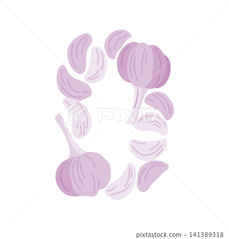 Letter O formed from stylized purple garlic bulbs and peeled segments in circular layout, flat decorative vector artwork with soft curves, muted tones and clean white space Letter O formed from stylized purple garlic bulbs and peeled segments in circular layout, flat decorative vector artwork with soft curves, muted tones and clean white space 141389318