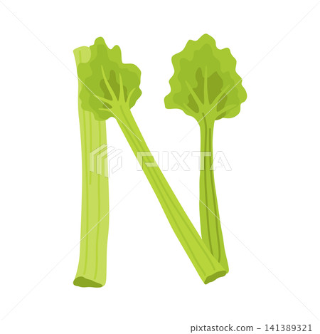 Letter N formed from stylized green celery stalks with leafy tops, clean flat illustration showing crisp layered shapes, subtle shading, balanced centered composition on white Letter N formed from stylized green celery stalks with leafy tops, clean flat illustration showing crisp layered shapes, subtle shading, balanced centered composition on white 141389321