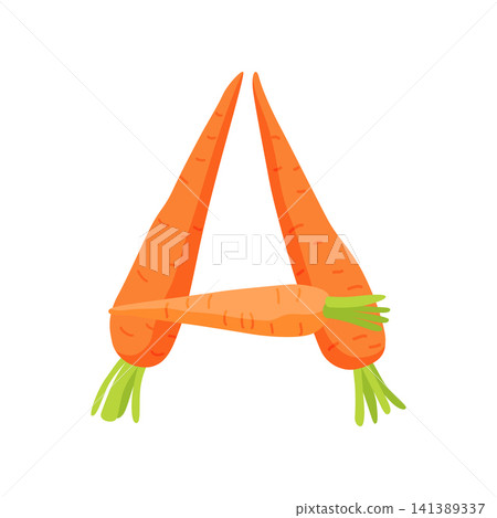 Vegetable alphabet letter A formed from carrots with bright flat colors, simple geometric shapes and clean composition for children food design, education and branding Vegetable alphabet letter A formed from carrots with bright flat colors, simple geometric shapes and clean composition for children food design, education and branding 141389337