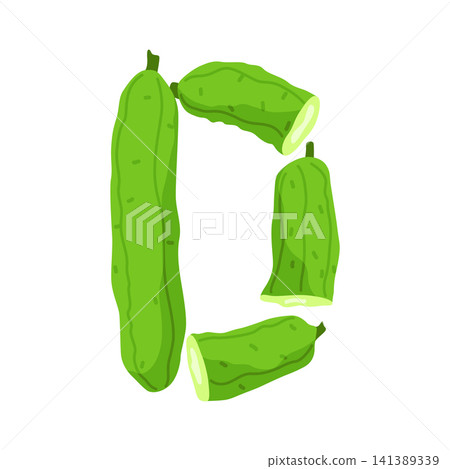 Letter D formed from sliced and whole green cucumbers in playful flat vector style on clean white background, creative vegetable alphabet concept for education, design and healthy food themes Letter D formed from sliced and whole green cucumbers in playful flat vector style on clean white background, creative vegetable alphabet concept for education, design and healthy food themes 141389339