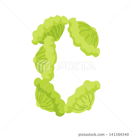 Uppercase C formed from fresh green lettuce leaves in vegetable alphabet style, curved leafy letter layout with crisp botanical texture for clean educational design use Uppercase C formed from fresh green lettuce leaves in vegetable alphabet style, curved leafy letter layout with crisp botanical texture for clean educational design use 141389340