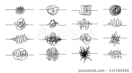 Messy scribble arrow lines, chaotic tangled doodles. Hand drawn squiggles, chaos scrawls, sketch knot arrows confusion concept vector set. Difficult routes or curved paths in square and round form Messy scribble arrow lines, chaotic tangled doodles. Hand drawn squiggles, chaos scrawls, sketch knot arrows confusion concept vector set. Difficult routes or curved paths in square and round form 141389360