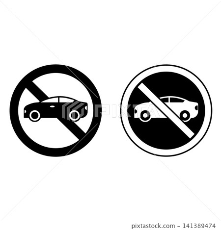 No Car or No Parking Signs. Prohibitory Round Road Signs. Vehicle Ban. Black and White Vector Icons No Car or No Parking Signs. Prohibitory Round Road Signs. Vehicle Ban. Black and White Vector Icons 141389474