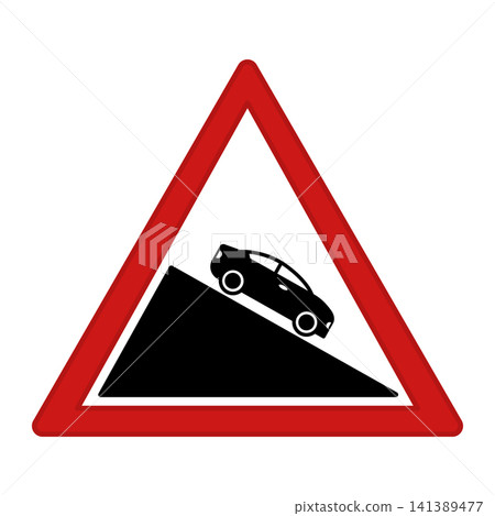 Red Sign Steep Descent. Warning Road Sign. Car Driving Down. Vector Icon Red Sign Steep Descent. Warning Road Sign. Car Driving Down. Vector Icon 141389477