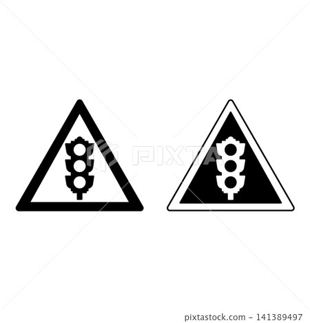 Signs Traffic Signals Ahead. Warning Road Signs. Black and White Vector Icons Signs Traffic Signals Ahead. Warning Road Signs. Black and White Vector Icons 141389497