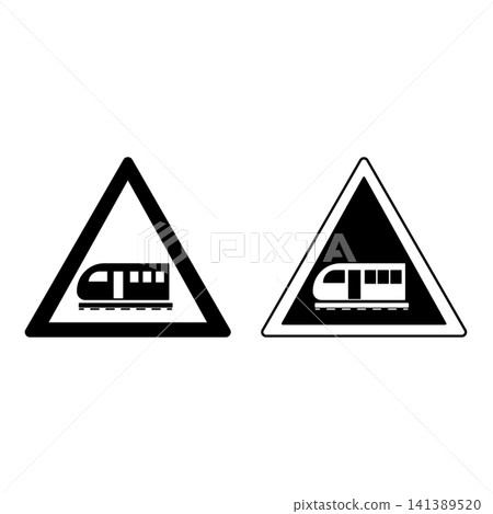 Signs Train. Warning Road Signs. Railway Station. Black And White Vector Icons Signs Train. Warning Road Signs. Railway Station. Black And White Vector Icons 141389520