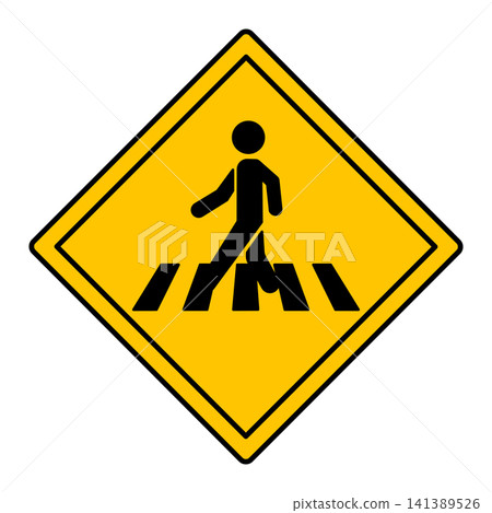Yellow Sign Pedestrian Crossing. Warning Road Sign. Man Crossing Road on Zebra. Vector Icon Yellow Sign Pedestrian Crossing. Warning Road Sign. Man Crossing Road on Zebra. Vector Icon 141389526