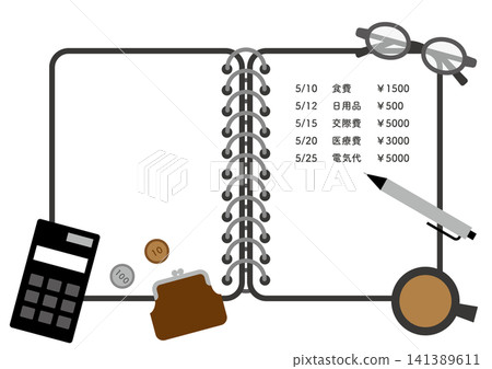 筆記本內含費用清單,設計類似家庭預算簿,並附有邊框。 筆記本內含費用清單,設計類似家庭預算簿,並附有邊框。 141389611