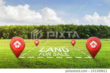 Land plot management - real estate concept with a vacant land on a green field available for building construction and housing subdivision in a residential area for sale. Land plot management - real estate concept with a vacant land on a green field available for building construction and housing subdivision in a residential area for sale. 141389621