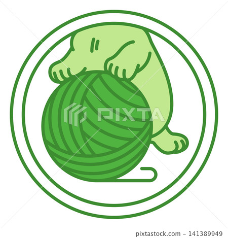 Green Label Kitten Food. Vector Icon. Kitten Playing with a Ball of Yarn. Kitten Food Packaging Sticker Green Label Kitten Food. Vector Icon. Kitten Playing with a Ball of Yarn. Kitten Food Packaging Sticker 141389949