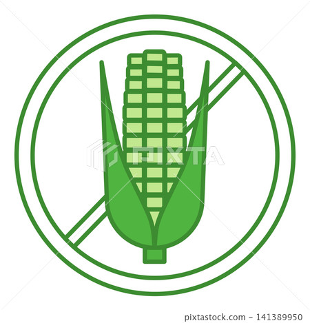 Green Label No Corn. Vector Icon. Organic, Natural, Non-Allergenic. Cat's Food Properties. Food Packaging Sticker Green Label No Corn. Vector Icon. Organic, Natural, Non-Allergenic. Cat's Food Properties. Food Packaging Sticker 141389950