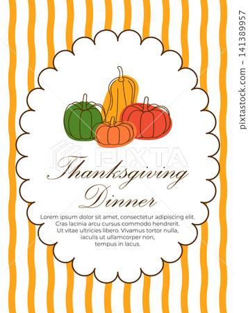 Thanksgiving Dinner invitation template featuring colorful outline pumpkins inside a scalloped frame, placeholder text, and an orange striped background 141389957
