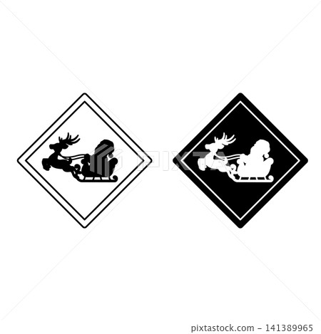Signs Warning Of Danger Of Crossing Santa Claus Path. Humorous Road Sign, Sticker. Santa In Sleigh Pulled By One Of His Reindeer. Black And White Vector Icons 141389965