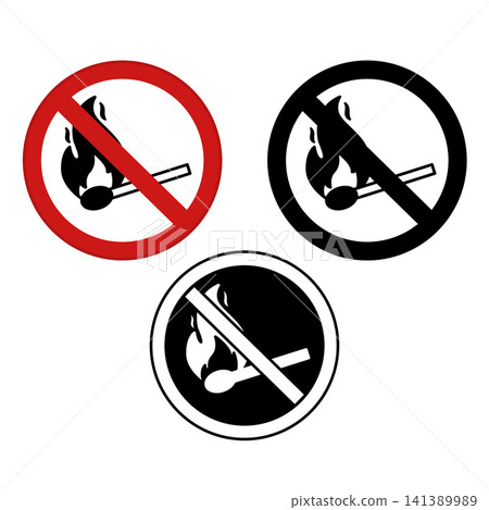 No Fire Signs. Prohibitory Road Sign. Burning Match. Hazard Warning. Red, Black, and White Vector Icons No Fire Signs. Prohibitory Road Sign. Burning Match. Hazard Warning. Red, Black, and White Vector Icons 141389989