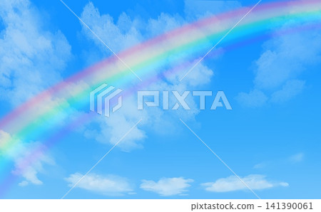 A bright blue sky with white cumulus clouds and a large rainbow in the background. A bright blue sky with white cumulus clouds and a large rainbow in the background. 141390061