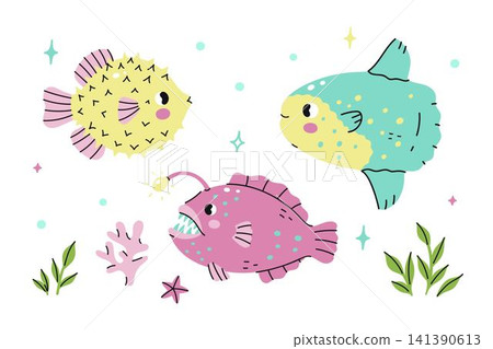 A set of cute fish: puffer fish, angler fish, and sunfish. Vector graphics 141390613