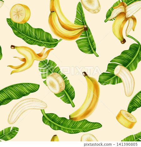 Seamless watercolor pattern with watercolor bananas and lush green palm leaves. Perfect for wallpaper, food packaging, kitchen decor, summer apparel, swimwear design, and luxury home textiles. Seamless watercolor pattern with watercolor bananas and lush green palm leaves. Perfect for wallpaper, food packaging, kitchen decor, summer apparel, swimwear design, and luxury home textiles. 141390805