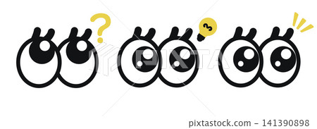 Icon set for worried eyes, inspired eyes, and realizing eyes. Features facial expressions expressed with question marks, lightbulbs, and exclamation marks. Icon set for worried eyes, inspired eyes, and realizing eyes. Features facial expressions expressed with question marks, lightbulbs, and exclamation marks. 141390898