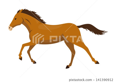 Side view of a stylized brown horse galloping, flowing mane and tail, and smooth simplified shapes on a plain light background Side view of a stylized brown horse galloping, flowing mane and tail, and smooth simplified shapes on a plain light background 141390912