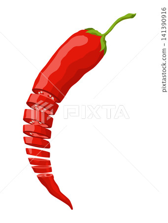Long red chili pepper with green stem on white background Long red chili pepper with green stem on white background 141390916