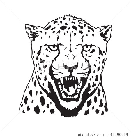 Detailed cheetah head portrait with spotted fur and bold linework Detailed cheetah head portrait with spotted fur and bold linework 141390919
