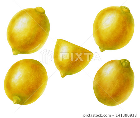 Watercolor set of fresh lemons. Includes whole lemons, halves, and round slices, isolated on a white background. Vibrant citrus elements for food design, packaging, home decor, and cocktail menus. Watercolor set of fresh lemons. Includes whole lemons, halves, and round slices, isolated on a white background. Vibrant citrus elements for food design, packaging, home decor, and cocktail menus. 141390938