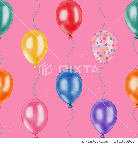Watercolor seamless pattern with colorful helium balloons on strings. Hand drawn bright background for birthday party, baby shower and kids holiday decor, card making. Watercolor seamless pattern with colorful helium balloons on strings. Hand drawn bright background for birthday party, baby shower and kids holiday decor, card making. 141390966