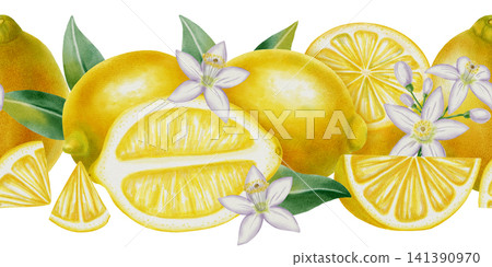 Seamless watercolor border with lemon. Lemon with leaves and flowers. Banner with tropical citrus fruits. Design for kitchen textiles, packaging, cosmetics, textiles, and cards. Seamless watercolor border with lemon. Lemon with leaves and flowers. Banner with tropical citrus fruits. Design for kitchen textiles, packaging, cosmetics, textiles, and cards. 141390970