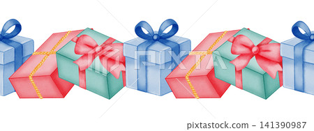 Watercolor seamless border of colorful gift boxes tied with satin ribbons and bows on white background. Holiday decorations for for birthdays, anniversaries, party invitations, children's design Watercolor seamless border of colorful gift boxes tied with satin ribbons and bows on white background. Holiday decorations for for birthdays, anniversaries, party invitations, children's design 141390987