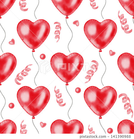 Romantic watercolor seamless pattern with red heart shaped balloons. Hand drawn background for birthday, anniversary and Valentine day, children's design, and card making. Romantic watercolor seamless pattern with red heart shaped balloons. Hand drawn background for birthday, anniversary and Valentine day, children's design, and card making. 141390988