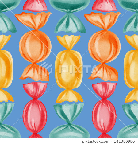 Sweet watercolor seamless pattern with colorful wrapped candies and sweet beads. Hand drawn background for birthday, kids holiday and candy bar, children's design, and card making Sweet watercolor seamless pattern with colorful wrapped candies and sweet beads. Hand drawn background for birthday, kids holiday and candy bar, children's design, and card making 141390990
