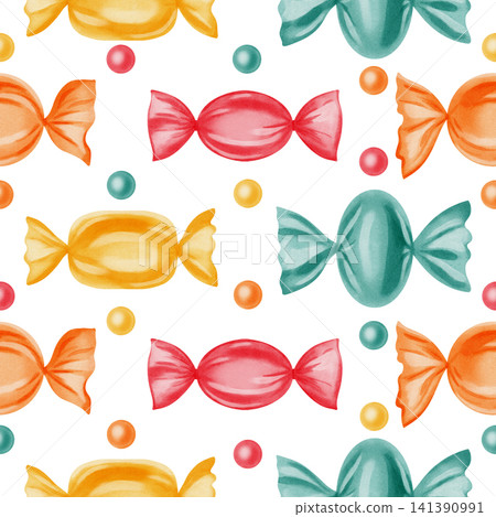 Sweet watercolor seamless pattern with colorful wrapped candies and sweet beads. Hand drawn background for birthday, kids holiday and candy bar, children's design, and card making Sweet watercolor seamless pattern with colorful wrapped candies and sweet beads. Hand drawn background for birthday, kids holiday and candy bar, children's design, and card making 141390991