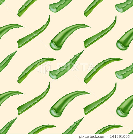 Seamless watercolor pattern of green aloe vera leaves with fresh cuts. Botanical hand drawn background for cosmetic and wellness design. Seamless watercolor pattern of green aloe vera leaves with fresh cuts. Botanical hand drawn background for cosmetic and wellness design. 141391005