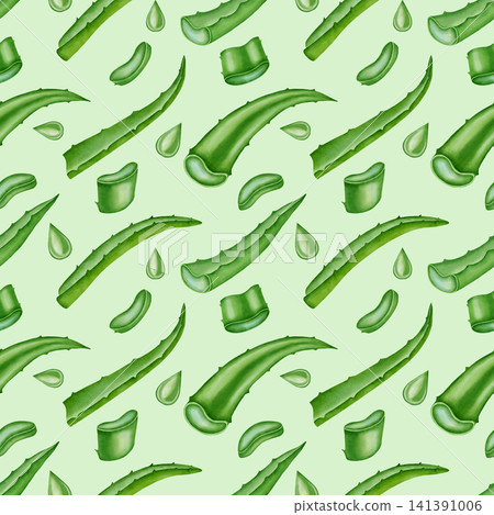 Seamless watercolor pattern of green aloe vera leaves with fresh cuts. Botanical hand drawn background for cosmetic and wellness design. Seamless watercolor pattern of green aloe vera leaves with fresh cuts. Botanical hand drawn background for cosmetic and wellness design. 141391006
