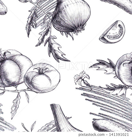 Seamless pattern featuring tomatoes, onion, cucumber, leaves, flowers and texture hand graphite pencil sketch. Isolated botanical food background for organic packaging, fabric art, kitchen textile. Seamless pattern featuring tomatoes, onion, cucumber, leaves, flowers and texture hand graphite pencil sketch. Isolated botanical food background for organic packaging, fabric art, kitchen textile. 141391021