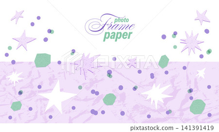 Pale purple background with a frame of cutout confetti, polka dots, stars paper pattern. Scattered green cutouts in a vector texture for a social media post. Creative moodboard border for photo Pale purple background with a frame of cutout confetti, polka dots, stars paper pattern. Scattered green cutouts in a vector texture for a social media post. Creative moodboard border for photo 141391419