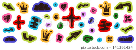Vibrant collage sticker shapes with crayon doodle scrapbook texture. Hand drawn paper collage arrow, crown, clouds elements and geometric cutout sticker. Vector set of abstract shapes for promo tag Vibrant collage sticker shapes with crayon doodle scrapbook texture. Hand drawn paper collage arrow, crown, clouds elements and geometric cutout sticker. Vector set of abstract shapes for promo tag 141391424