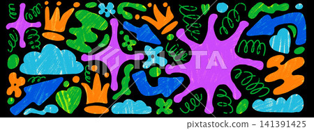 Playful organic shapes with hand drawn doodle figures and vibrant neon crayon elements. Purple green blue crowns hearts clouds with stars on black. Vector set of abstract shapes for kids sticker Playful organic shapes with hand drawn doodle figures and vibrant neon crayon elements. Purple green blue crowns hearts clouds with stars on black. Vector set of abstract shapes for kids sticker 141391425