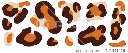 Animal spot leopard pattern in flat brown and orange for trendy print. Classic animal spots with cheetah skin as a vector set. Jaguar fur elements with panther marks for fashion and textile design Animal spot leopard pattern in flat brown and orange for trendy print. Classic animal spots with cheetah skin as a vector set. Jaguar fur elements with panther marks for fashion and textile design 141391426