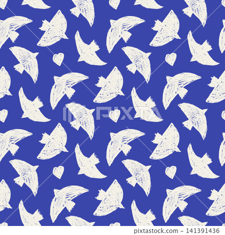 Bird silhouettes in white fill a blue seamless pattern for fabric. Dense bird shapes in chalk texture as a vector pattern for surface design. Naive dove with small heart in hand drawn crayon repeat 141391436