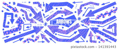 Bold arrow and paper cutout for annotation collage element papercut shape. Blue and pink patterned papercut with scribble marks on white. Vector bold arrow set isolated for promo presentation design Bold arrow and paper cutout for annotation collage element papercut shape. Blue and pink patterned papercut with scribble marks on white. Vector bold arrow set isolated for promo presentation design 141391443